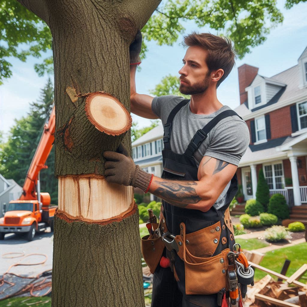 Tree removal expert performing maintenance on a typical Georgia home's trees