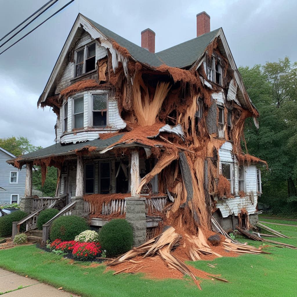 Damaged tree on an Snellville home showing signs of disease and decay